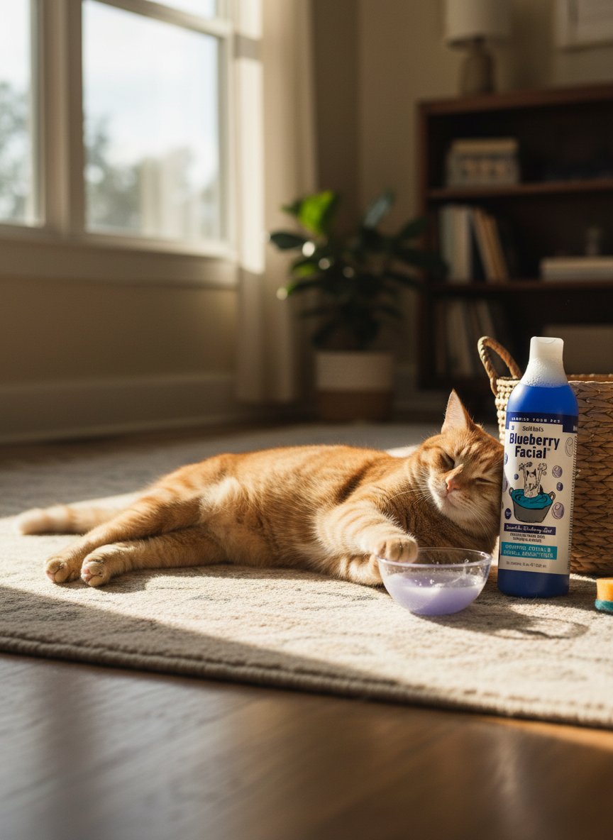 Blueberry facial pet shampoo bottle in blue liquid cleanser for dogs and cats with tear stain removal formula — view 3a