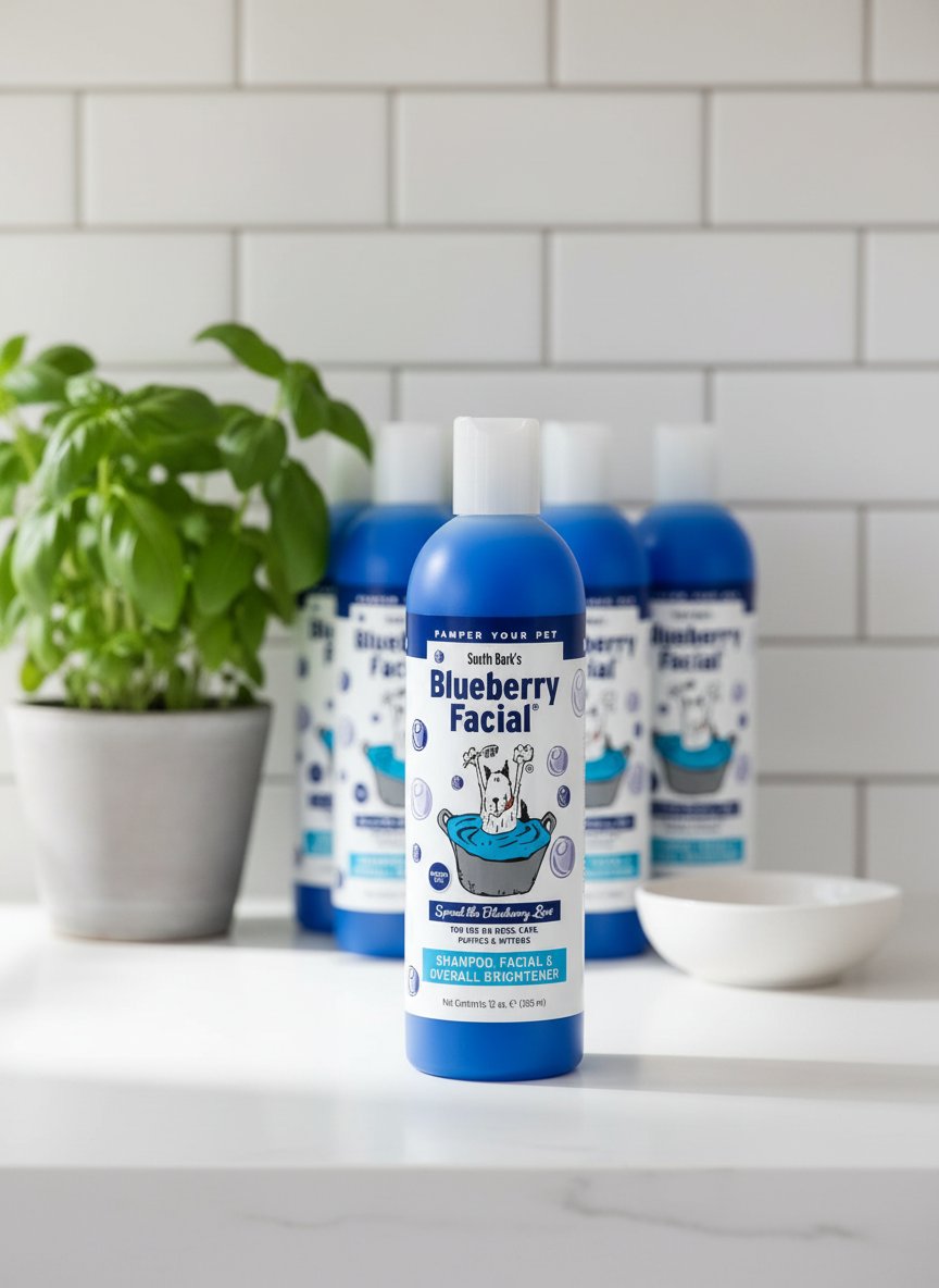 Blueberry facial pet shampoo bottle in blue liquid cleanser for dogs and cats with tear stain removal formula — view 5a