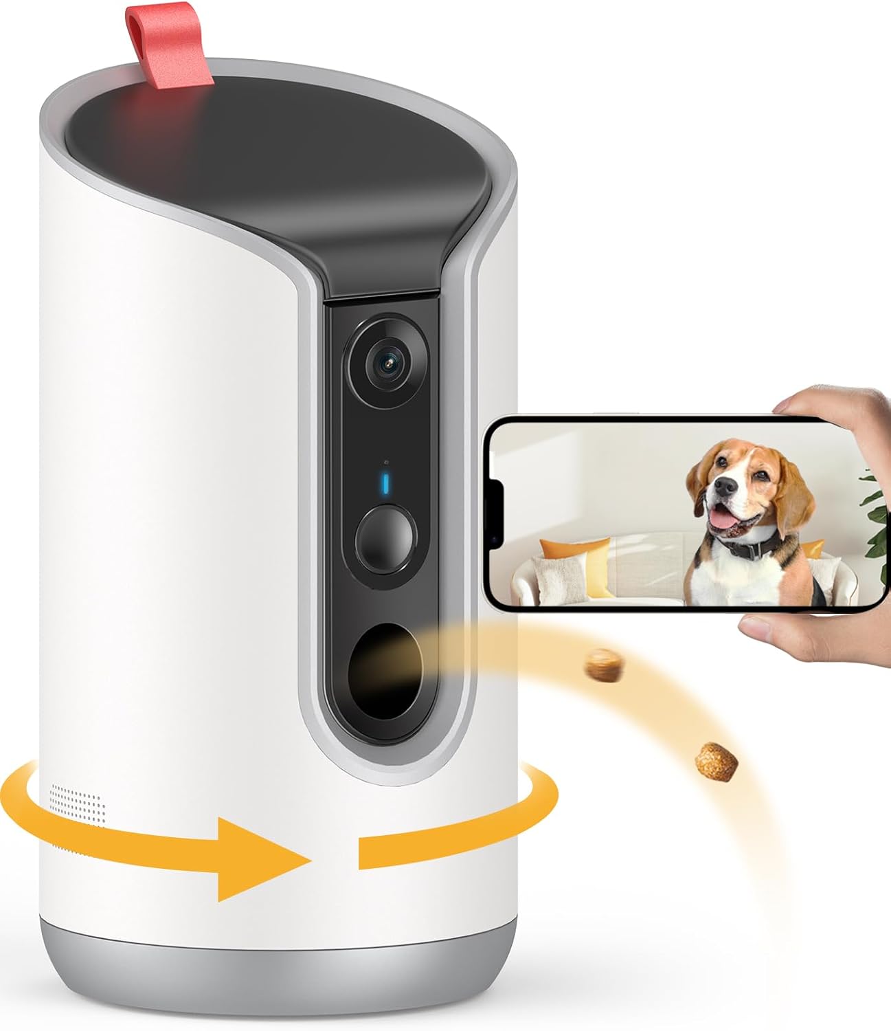 Black interactive pet camera with treat dispenser, 360-degree view for remote pet monitoring and treat tossing — view 1