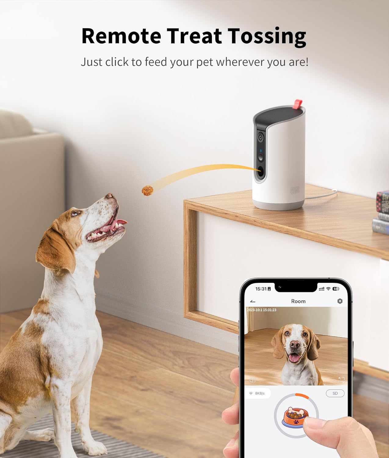 Black interactive pet camera with treat dispenser, 360-degree view for remote pet monitoring and treat tossing — view 2