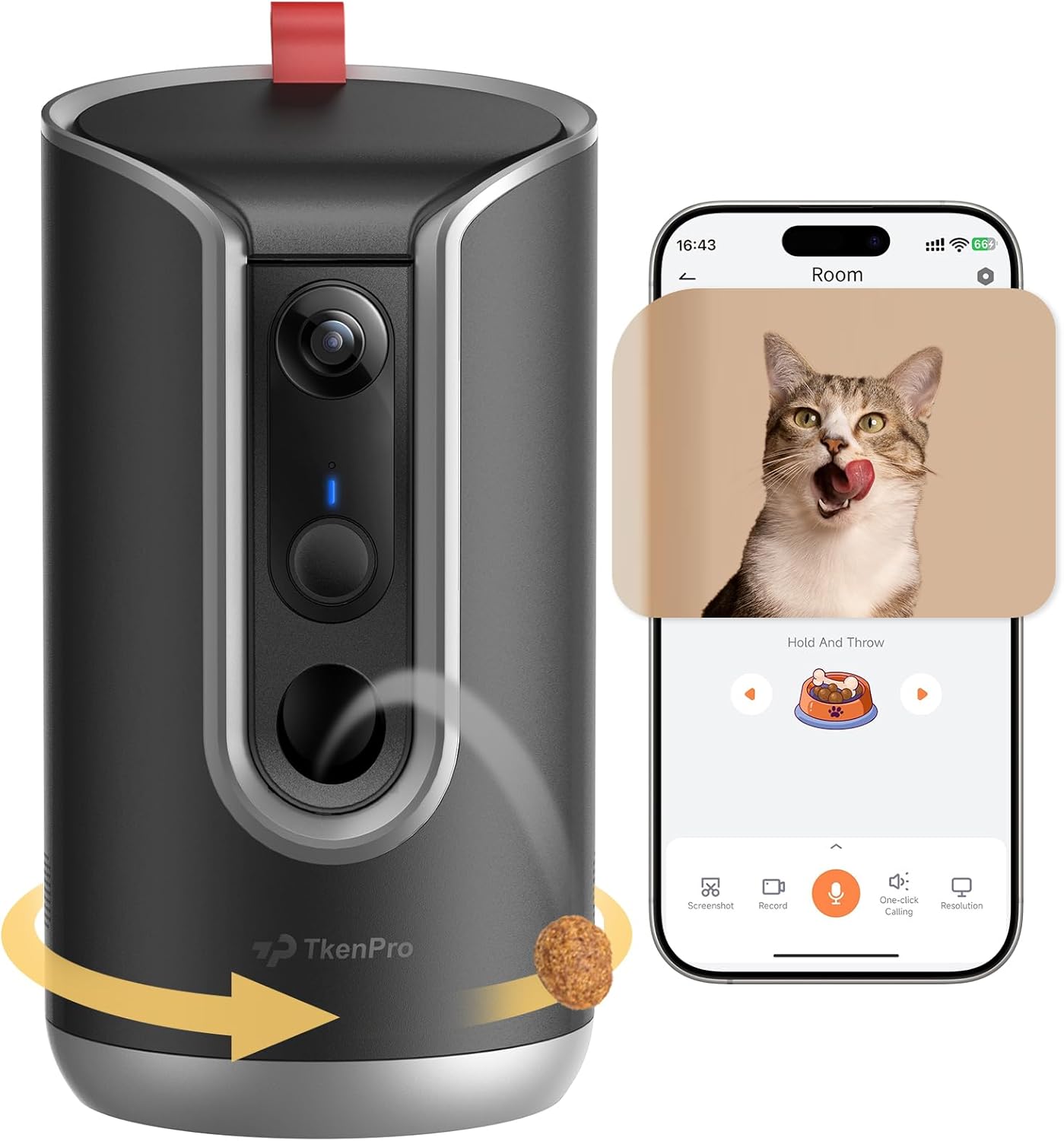 Black interactive pet camera with treat dispenser, 360-degree view for remote pet monitoring and treat tossing — view 1