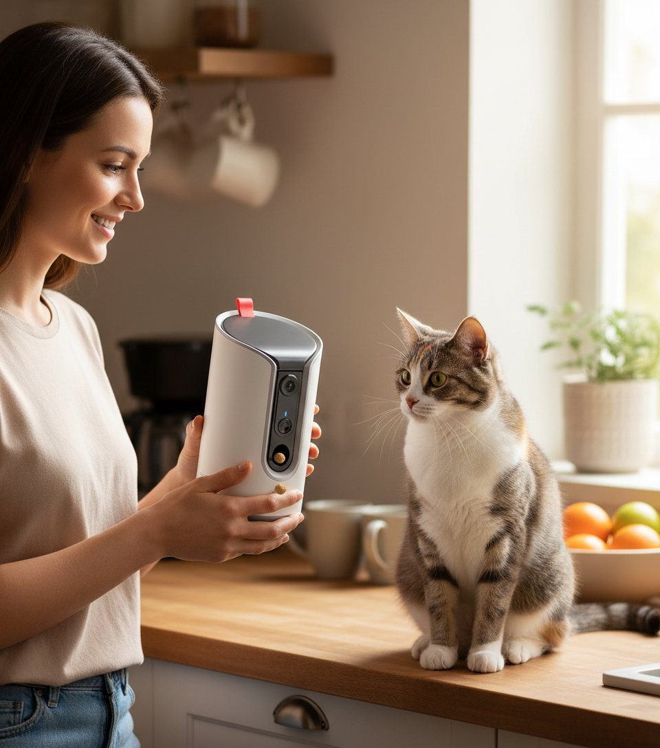 Black interactive pet camera with treat dispenser, 360-degree view for remote pet monitoring and treat tossing — view 2