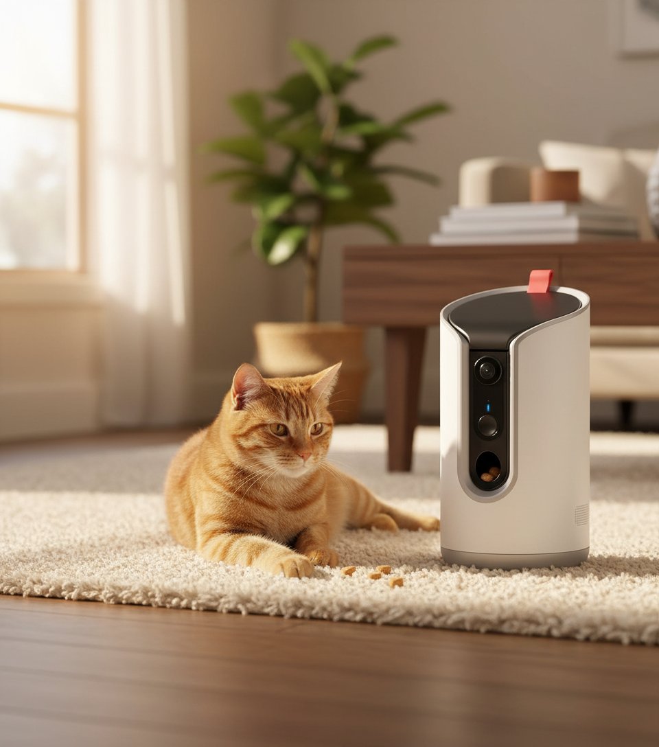 Black interactive pet camera with treat dispenser, 360-degree view for remote pet monitoring and treat tossing — view 3a