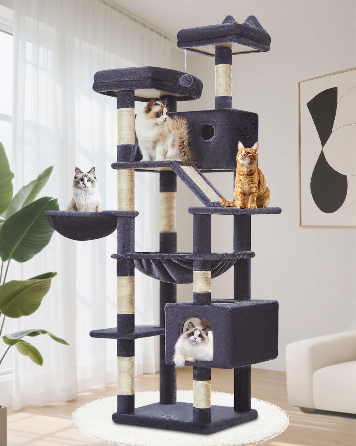 Large smoky gray cat tree with 8 sisal scratching posts, metal frame, and cozy hammock for indoor cats โ view 1