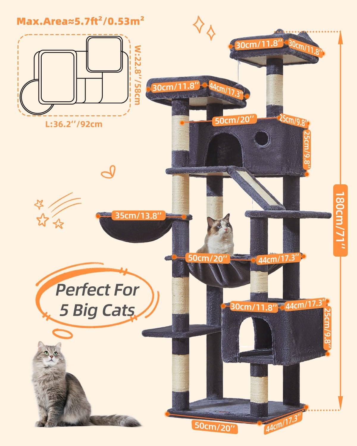 Large smoky gray cat tree with 8 sisal scratching posts, metal frame, and cozy hammock for indoor cats โ view 2