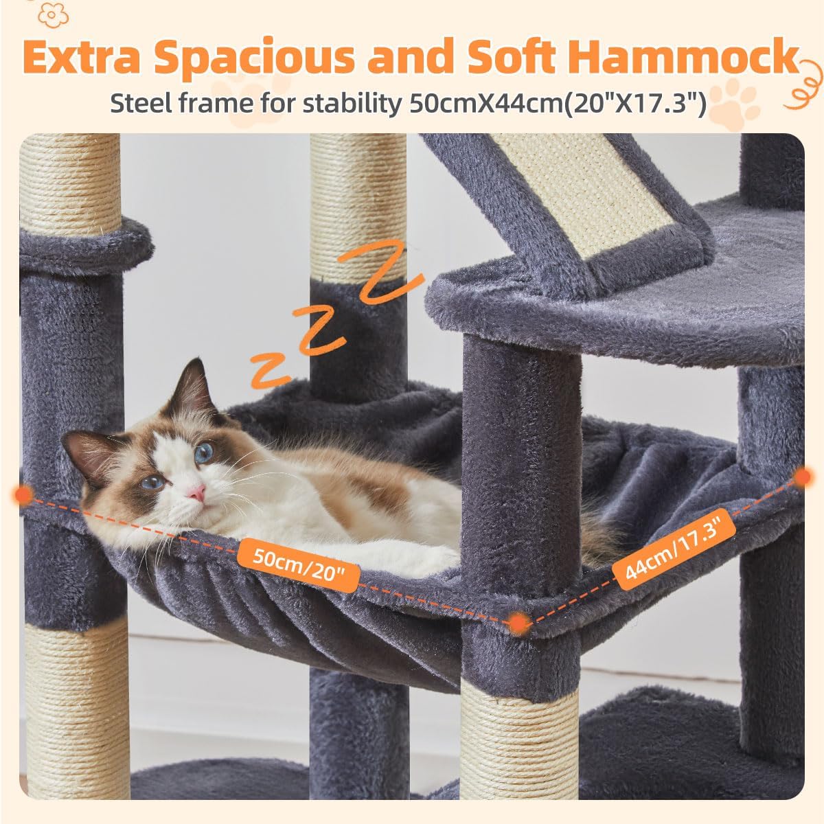 Large smoky gray cat tree with 8 sisal scratching posts, metal frame, and cozy hammock for indoor cats โ view 3