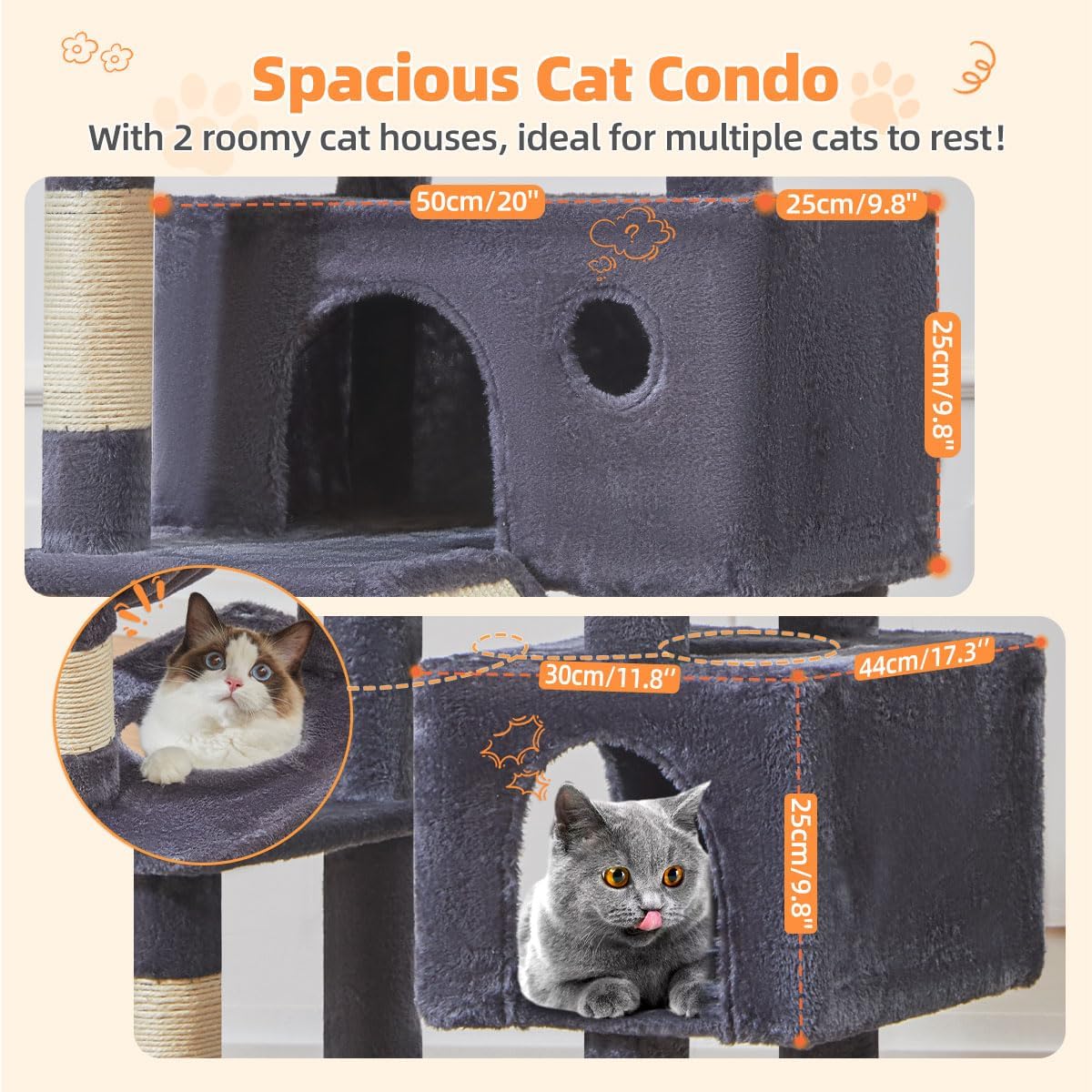Large smoky gray cat tree with 8 sisal scratching posts, metal frame, and cozy hammock for indoor cats โ view 4