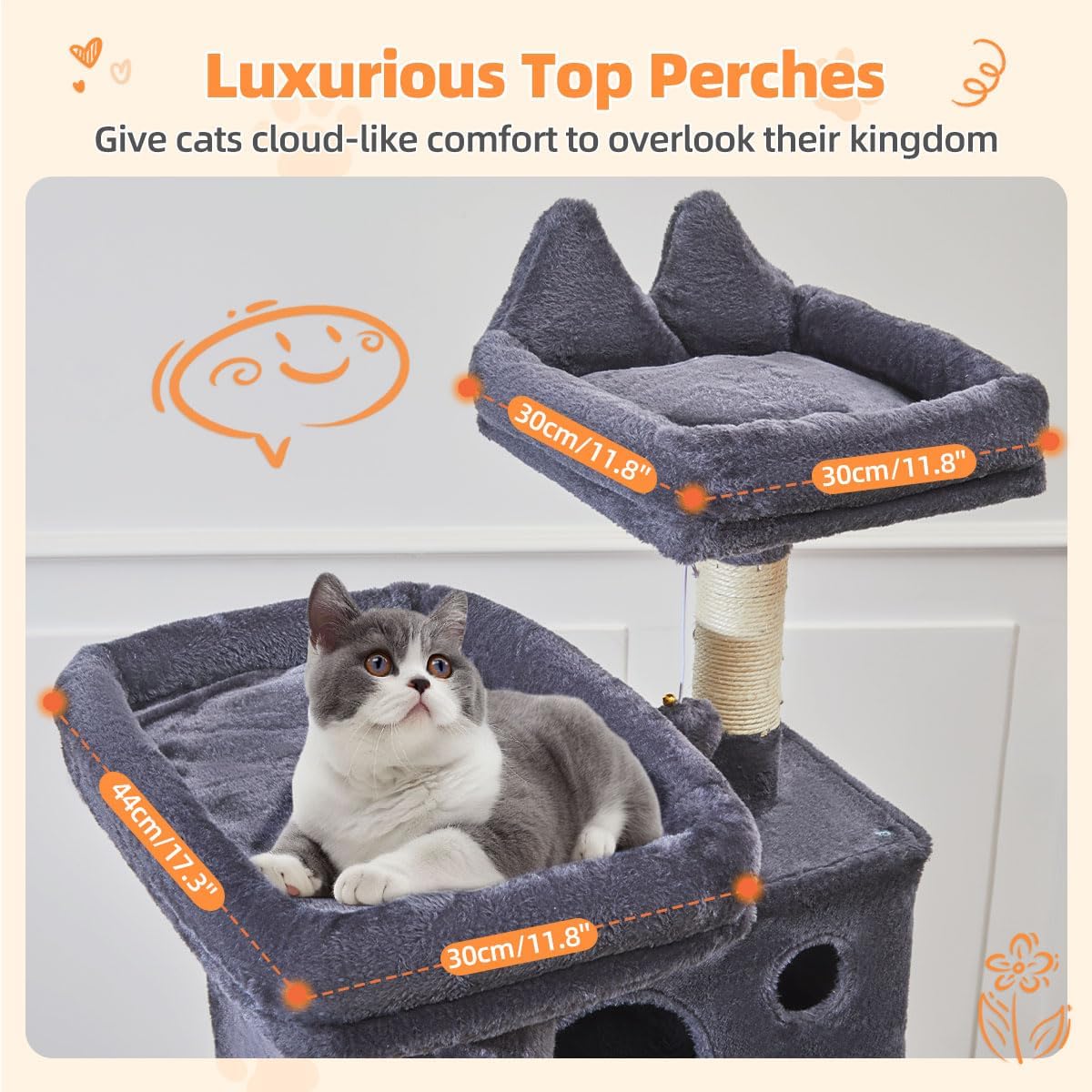 Large smoky gray cat tree with 8 sisal scratching posts, metal frame, and cozy hammock for indoor cats โ view 2