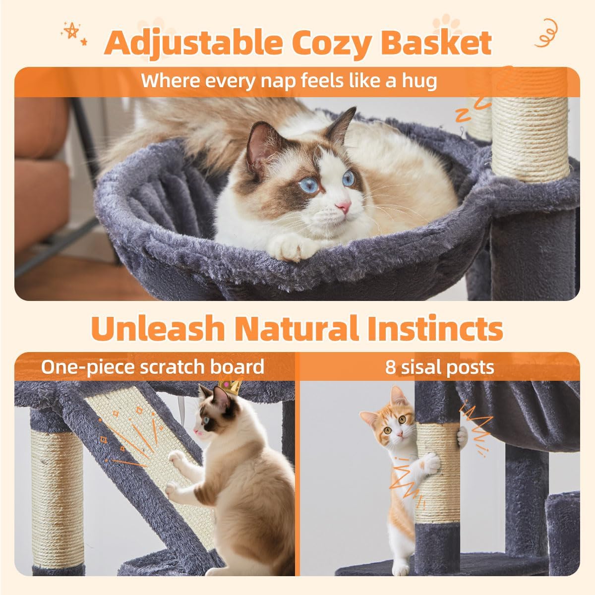 Large smoky gray cat tree with 8 sisal scratching posts, metal frame, and cozy hammock for indoor cats โ view 3