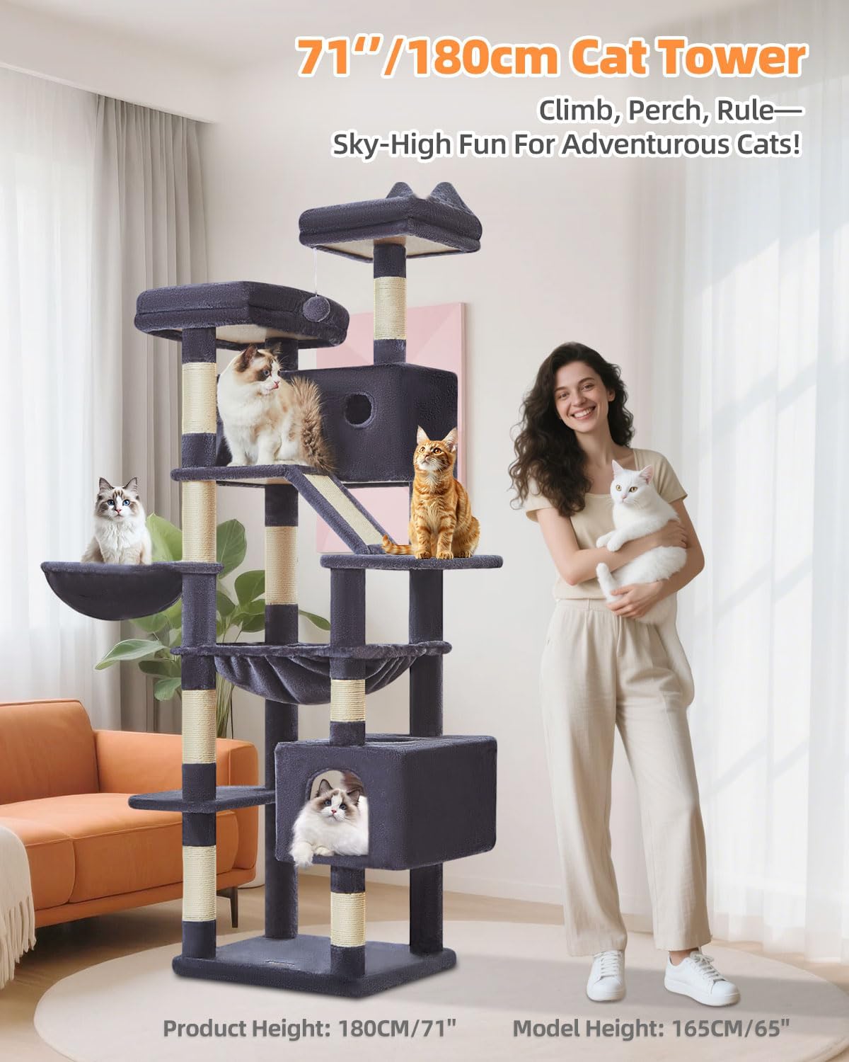 Large smoky gray cat tree with 8 sisal scratching posts, metal frame, and cozy hammock for indoor cats โ view 4
