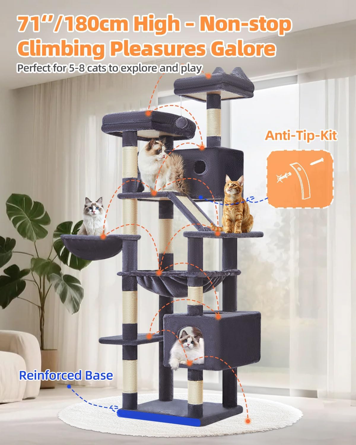 Large smoky gray cat tree with 8 sisal scratching posts, metal frame, and cozy hammock for indoor cats โ view 5