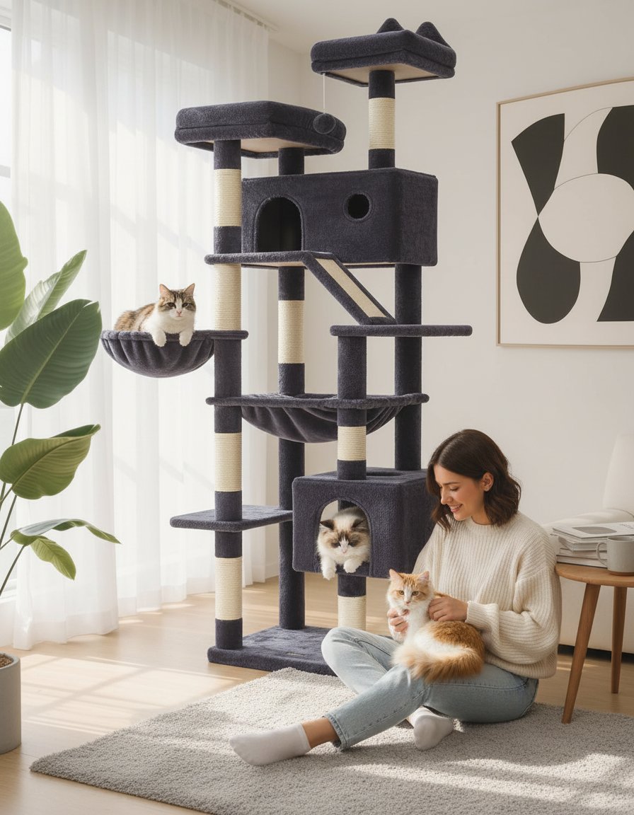 Large smoky gray cat tree with 8 sisal scratching posts, metal frame, and cozy hammock for indoor cats — view 1
