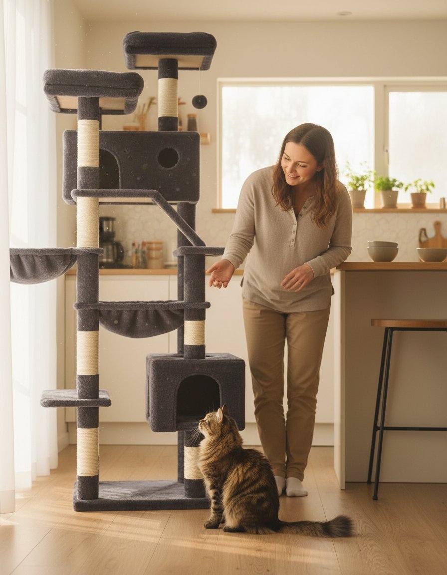 Large smoky gray cat tree with 8 sisal scratching posts, metal frame, and cozy hammock for indoor cats — view 2