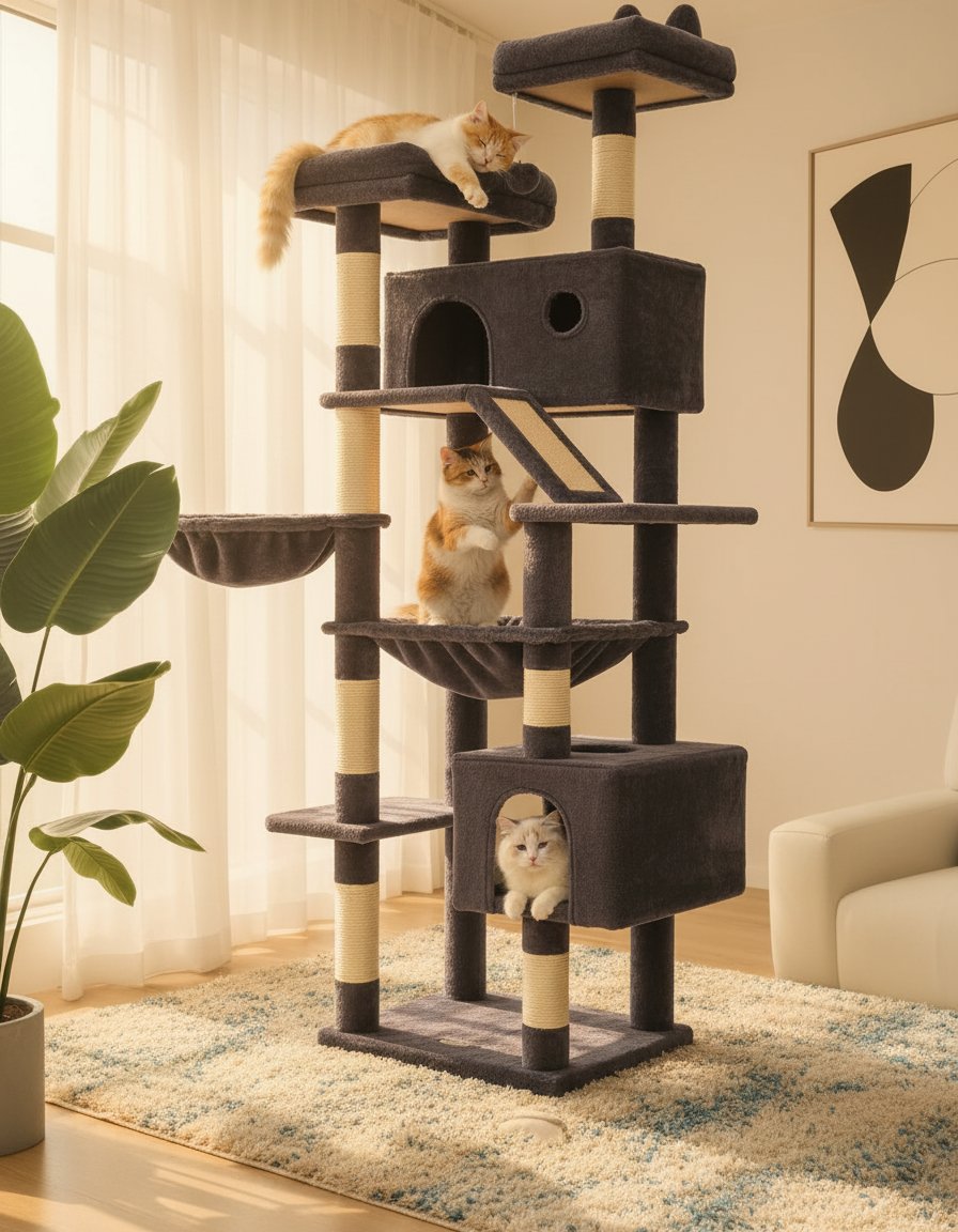 Large smoky gray cat tree with 8 sisal scratching posts, metal frame, and cozy hammock for indoor cats — view 3a