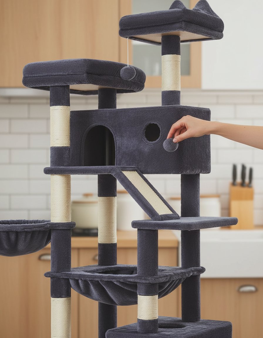 Large smoky gray cat tree with 8 sisal scratching posts, metal frame, and cozy hammock for indoor cats — view 6