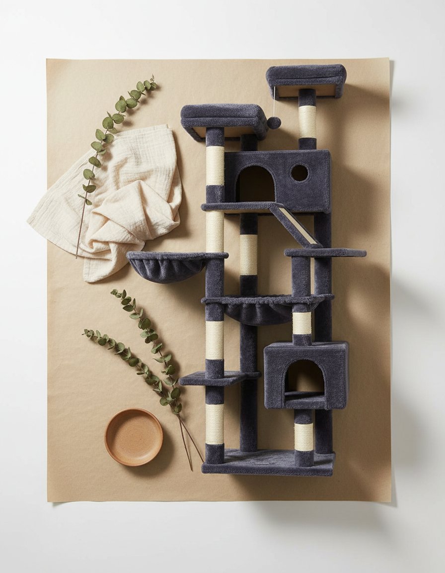 Large smoky gray cat tree with 8 sisal scratching posts, metal frame, and cozy hammock for indoor cats — view 7b