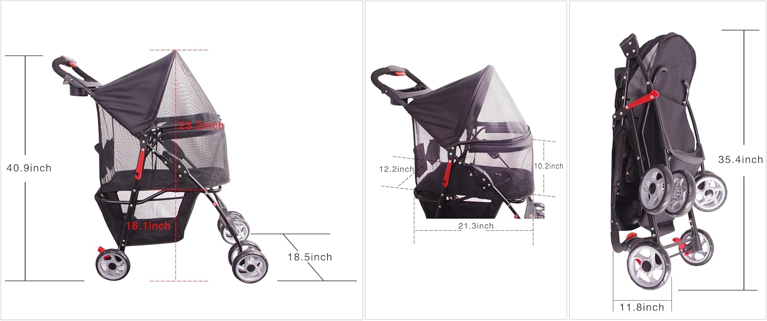 4-wheel pet stroller with full mesh windows and storage basket, designed for cats and dogs travel — view 2