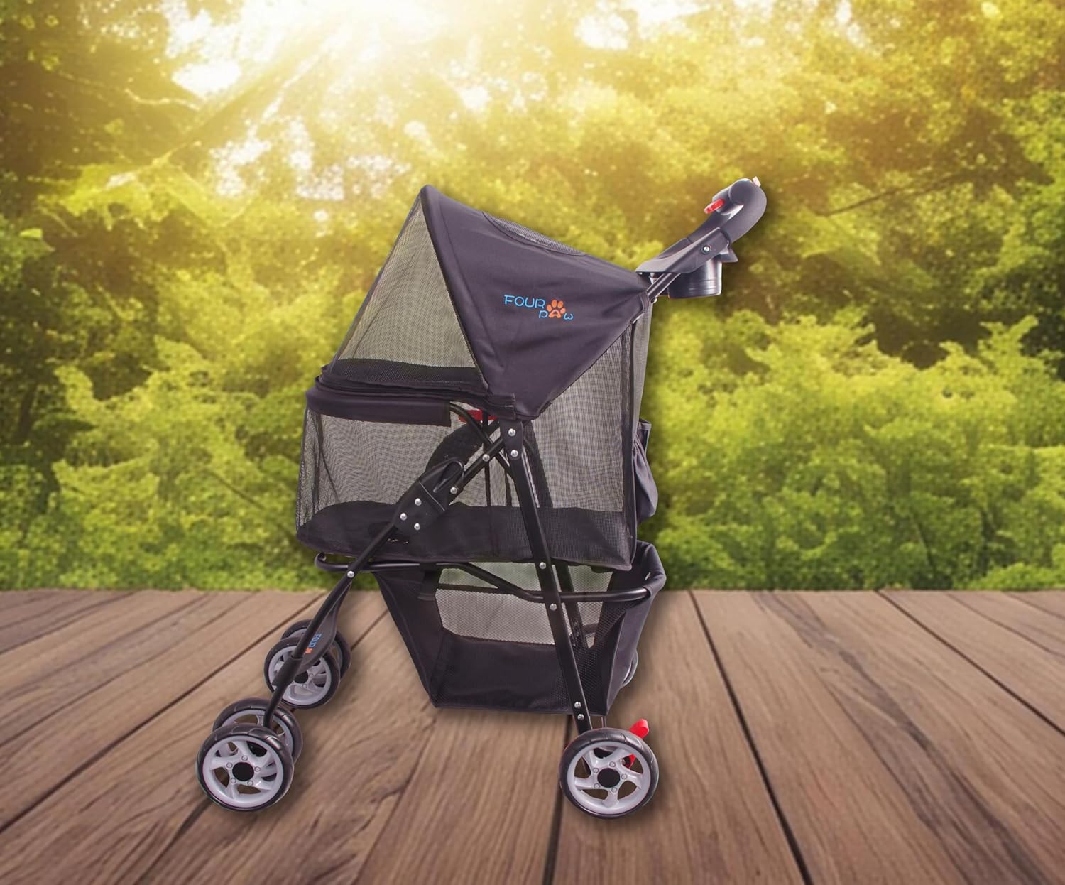 4-wheel pet stroller with full mesh windows and storage basket, designed for cats and dogs travel — view 3