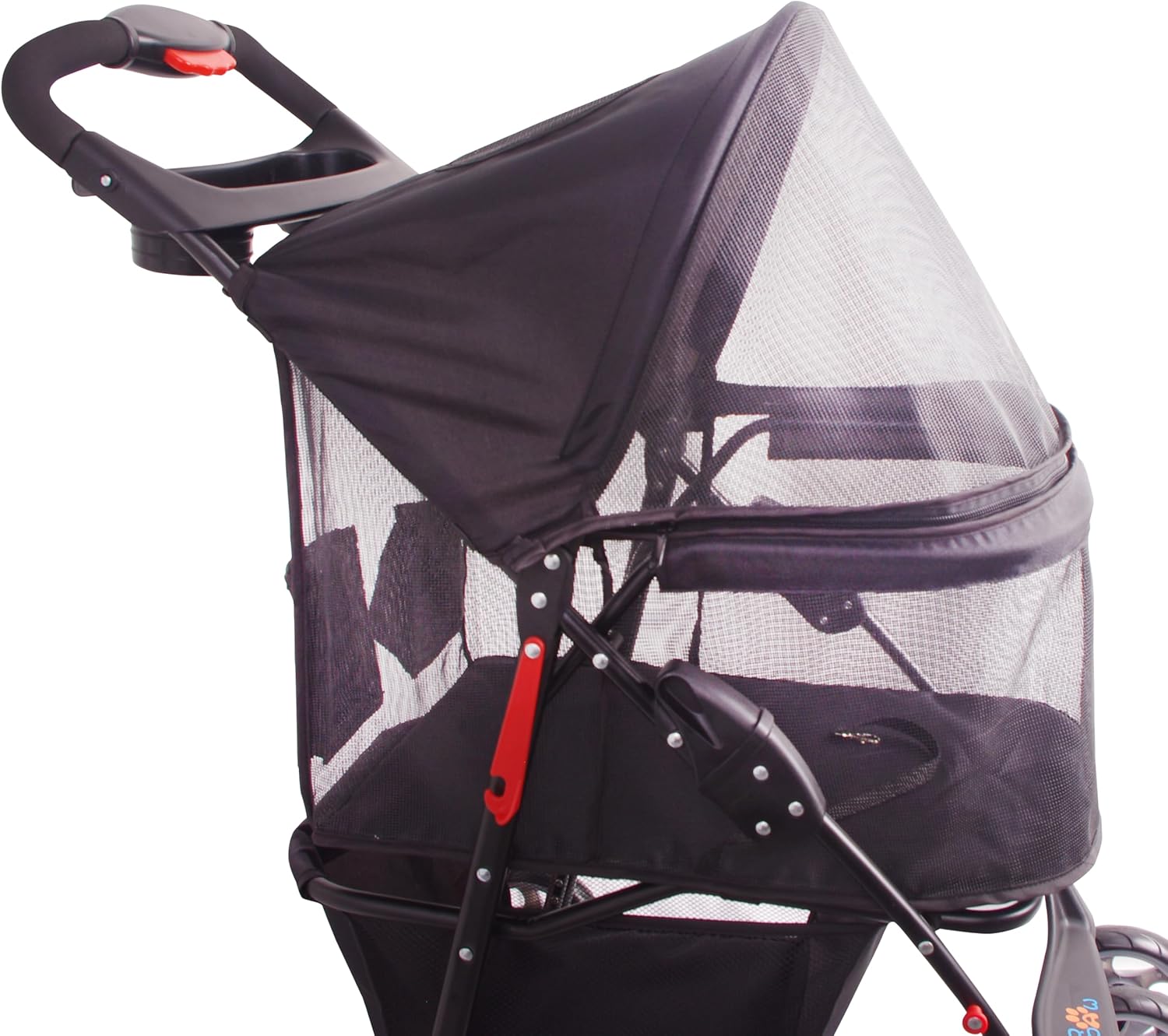 4-wheel pet stroller with full mesh windows and storage basket, designed for cats and dogs travel — view 3