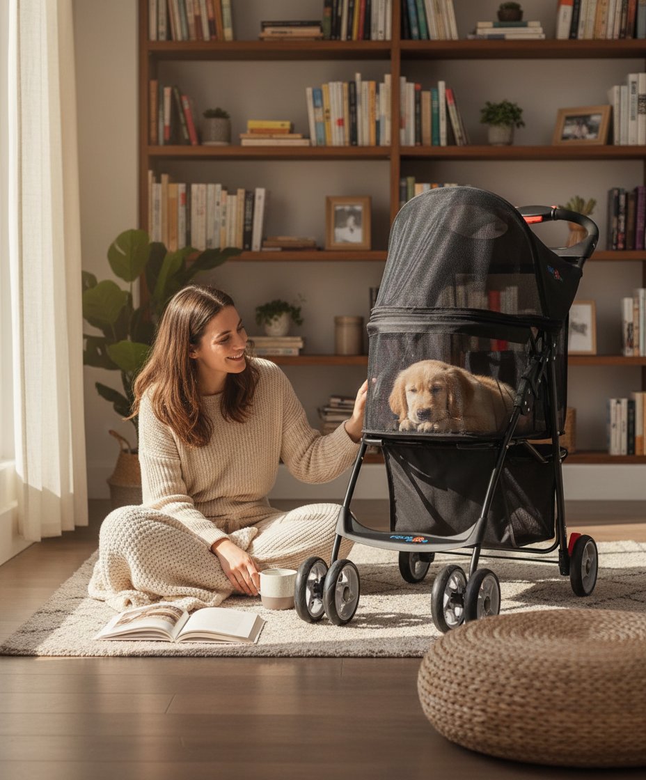 4-wheel pet stroller with full mesh windows and storage basket, designed for cats and dogs travel — view 1
