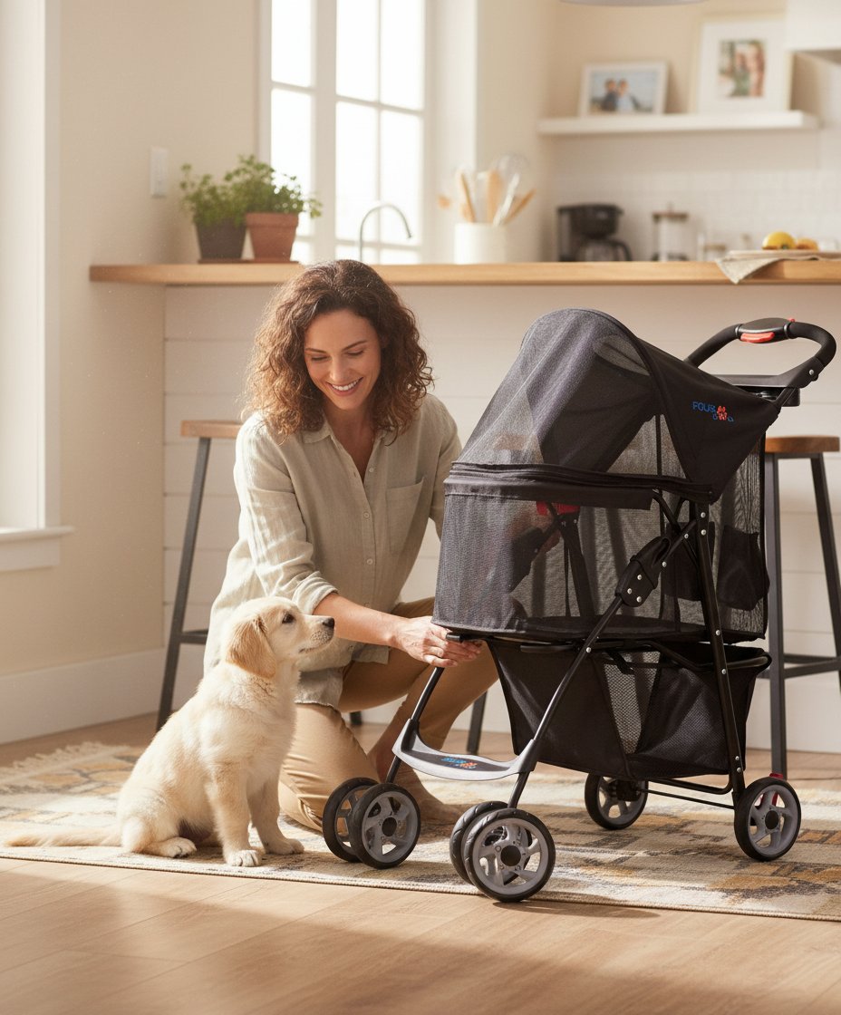 4-wheel pet stroller with full mesh windows and storage basket, designed for cats and dogs travel — view 2