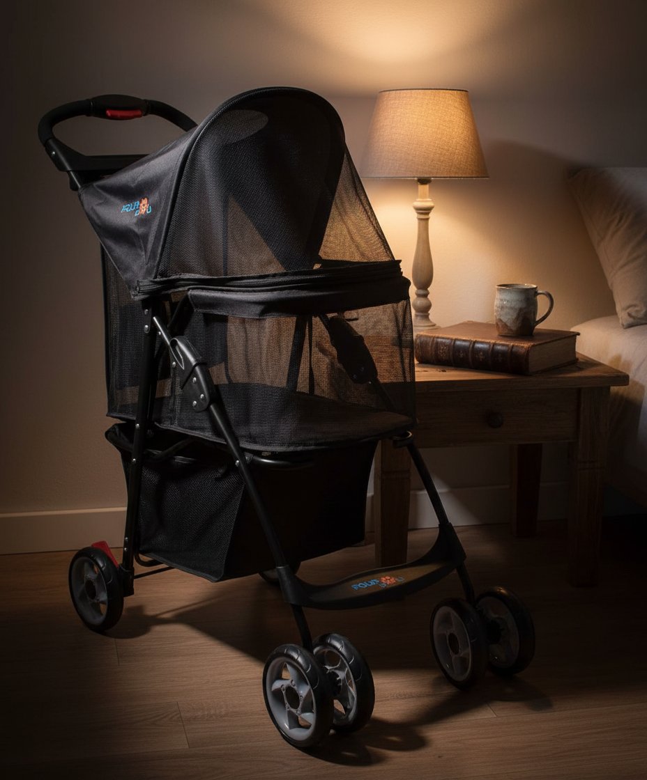 4-wheel pet stroller with full mesh windows and storage basket, designed for cats and dogs travel — view 3b