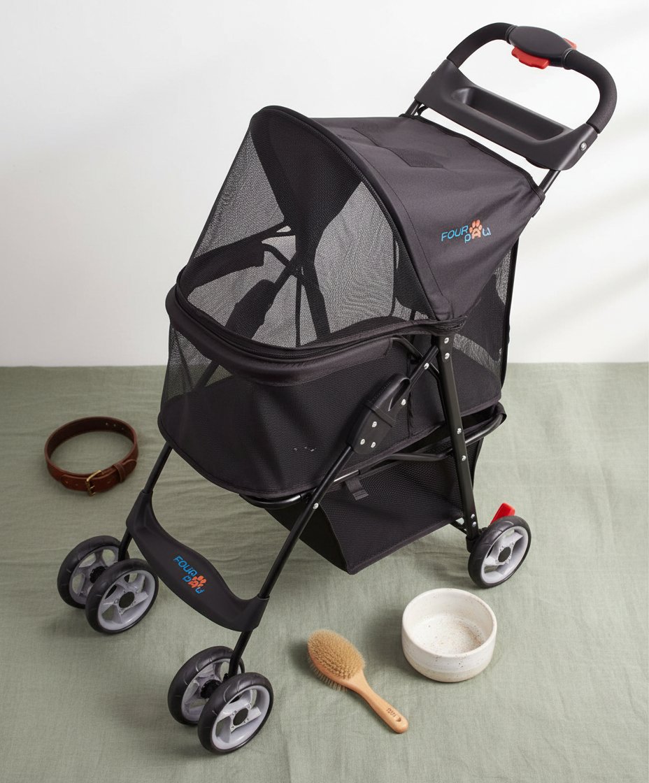 4-wheel pet stroller with full mesh windows and storage basket, designed for cats and dogs travel — view 4