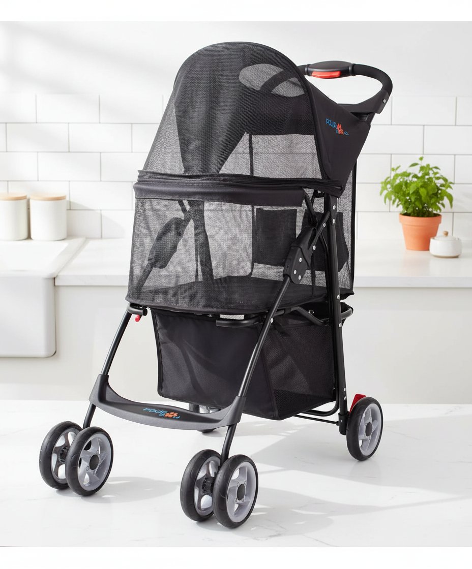 4-wheel pet stroller with full mesh windows and storage basket, designed for cats and dogs travel — view 5a