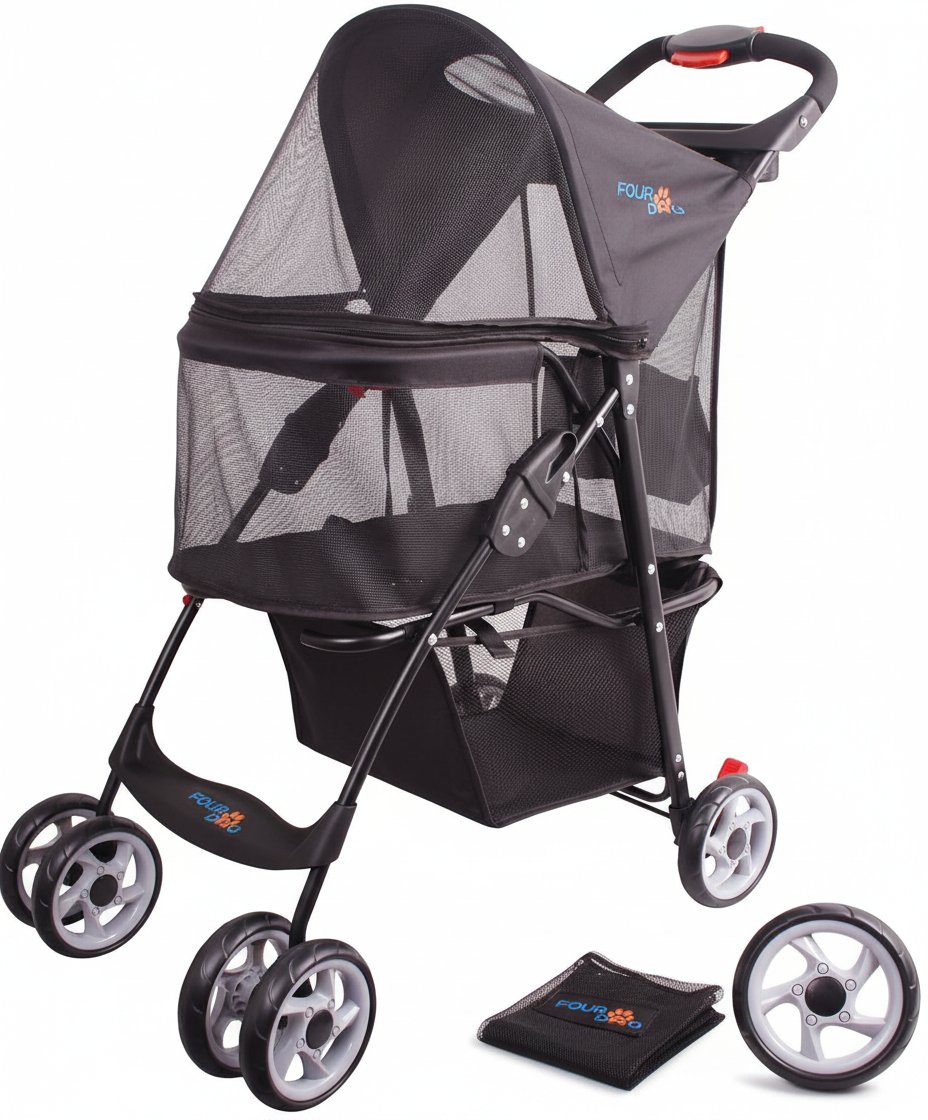4-wheel pet stroller with full mesh windows and storage basket, designed for cats and dogs travel — view 5b