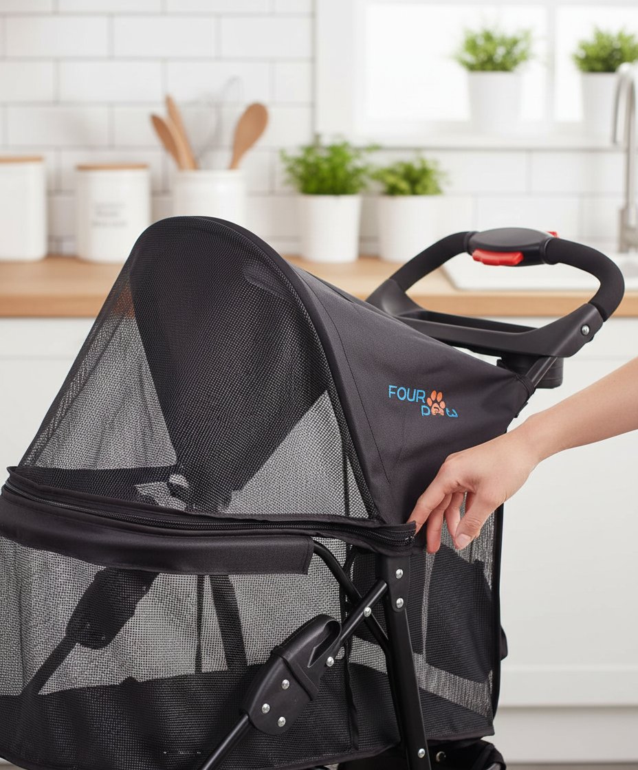 4-wheel pet stroller with full mesh windows and storage basket, designed for cats and dogs travel — view 6