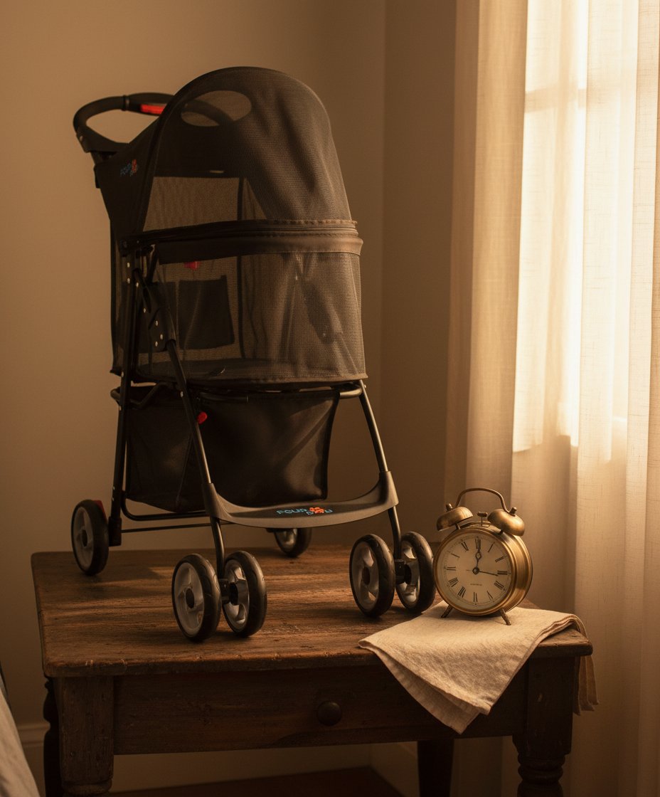 4-wheel pet stroller with full mesh windows and storage basket, designed for cats and dogs travel — view 7a