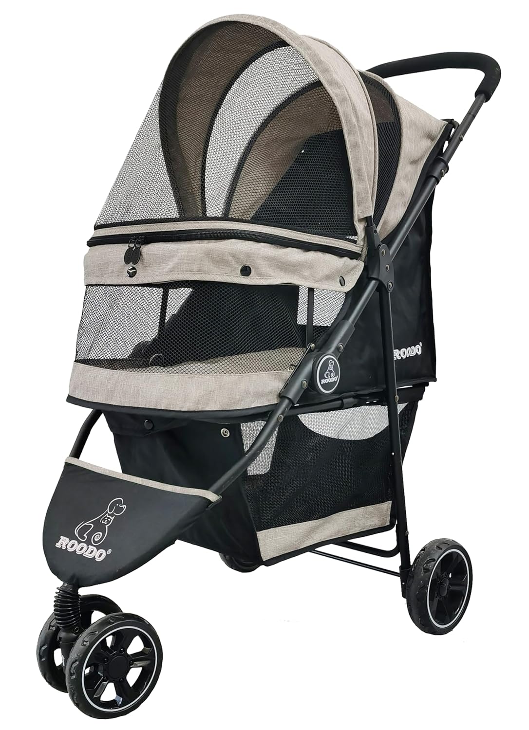 Light khaki 3-wheel pet stroller with aluminum frame, compact foldable design for small dogs and cats โ view 1