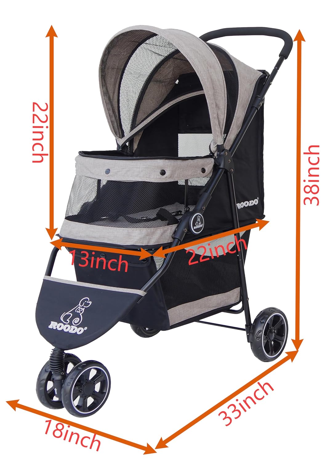 Light khaki 3-wheel pet stroller with aluminum frame, compact foldable design for small dogs and cats โ view 2