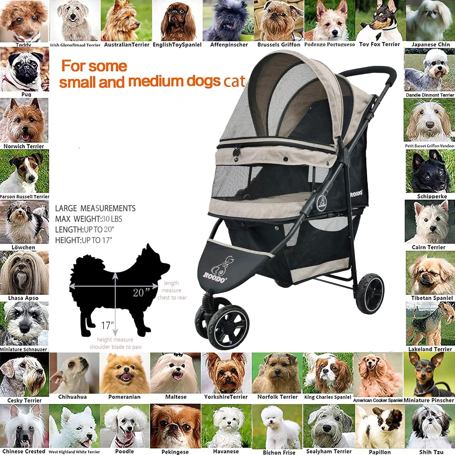 Light khaki 3-wheel pet stroller with aluminum frame, compact foldable design for small dogs and cats โ view 3