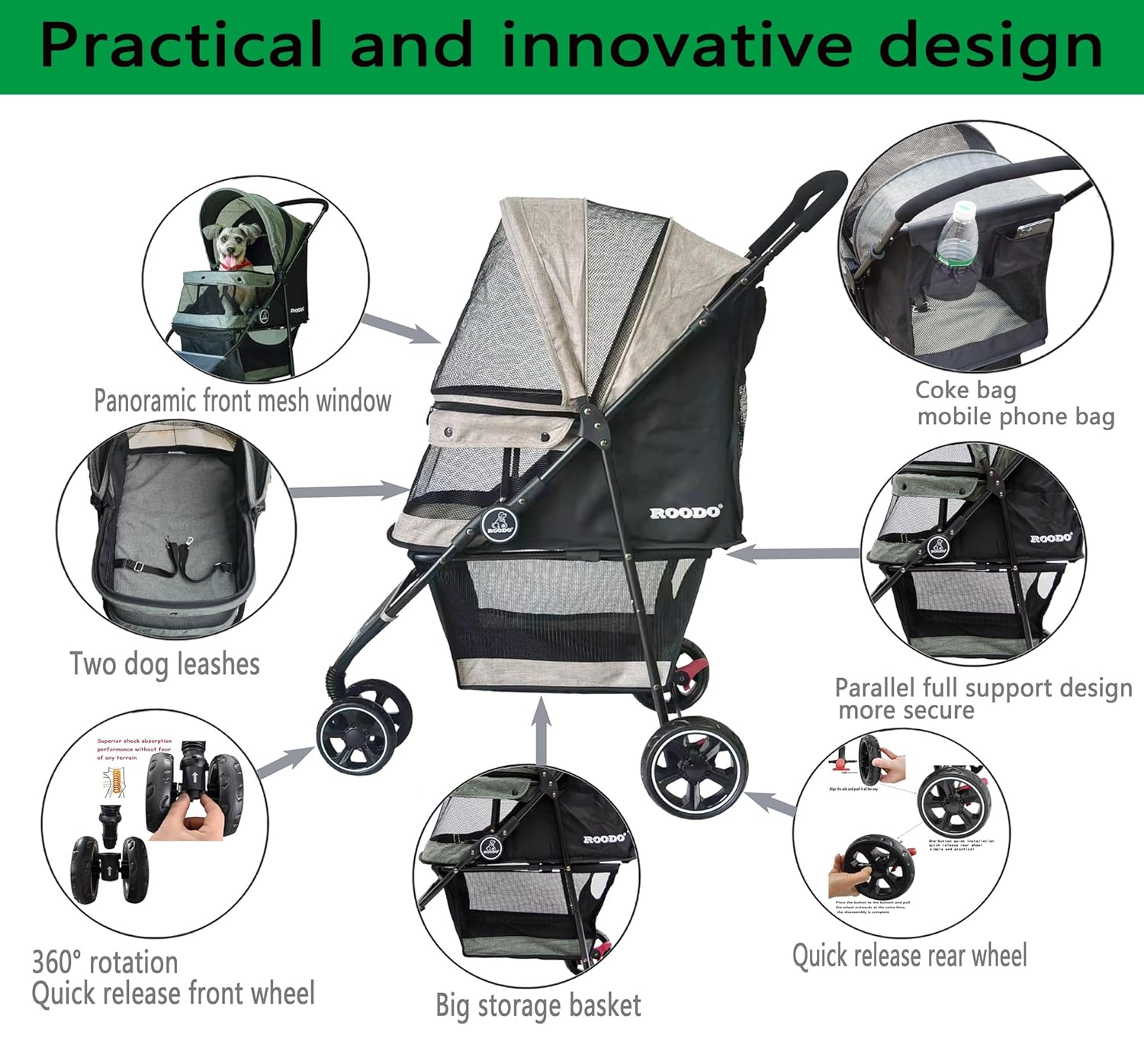 Light khaki 3-wheel pet stroller with aluminum frame, compact foldable design for small dogs and cats โ view 2