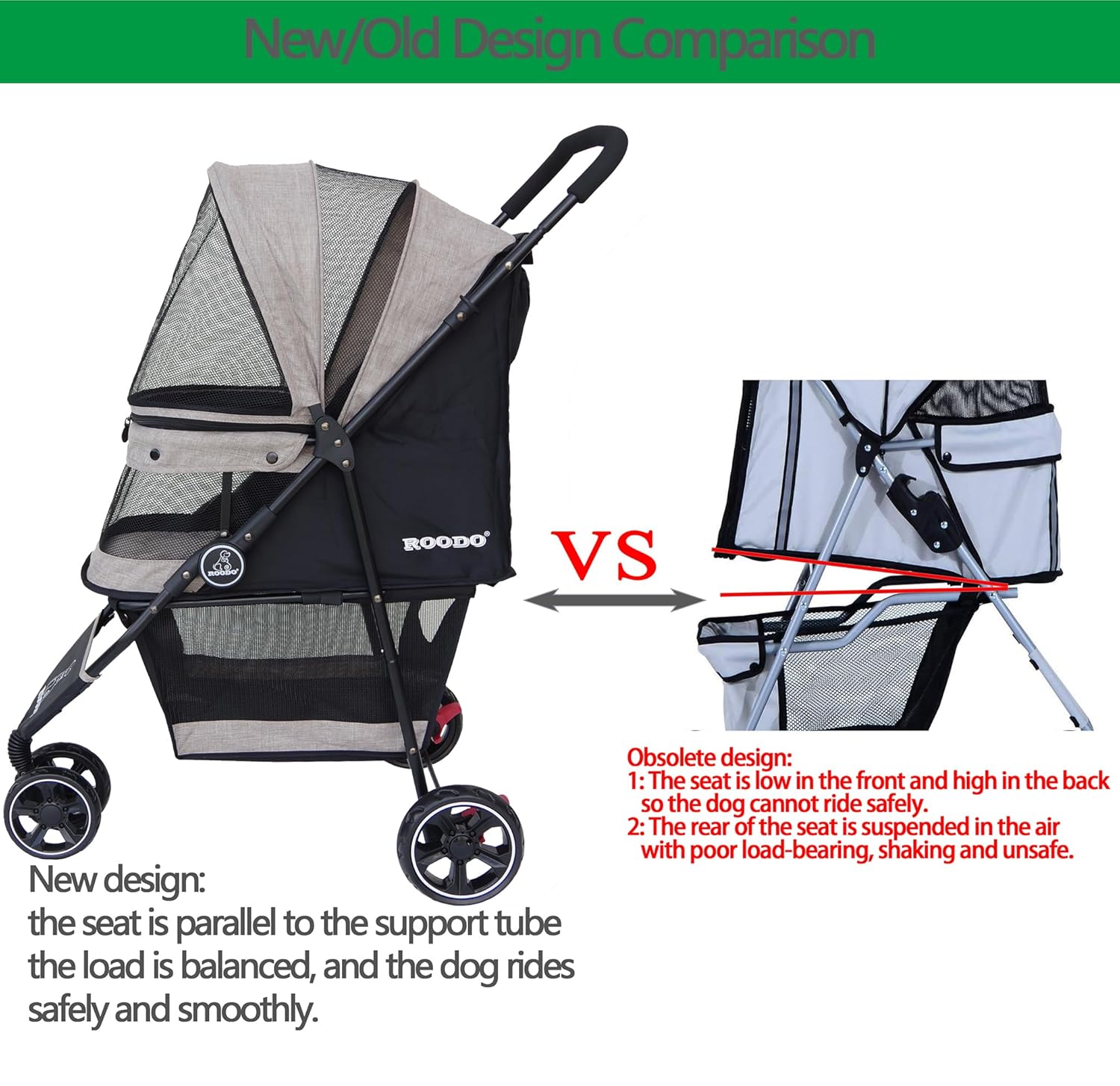 Light khaki 3-wheel pet stroller with aluminum frame, compact foldable design for small dogs and cats โ view 3