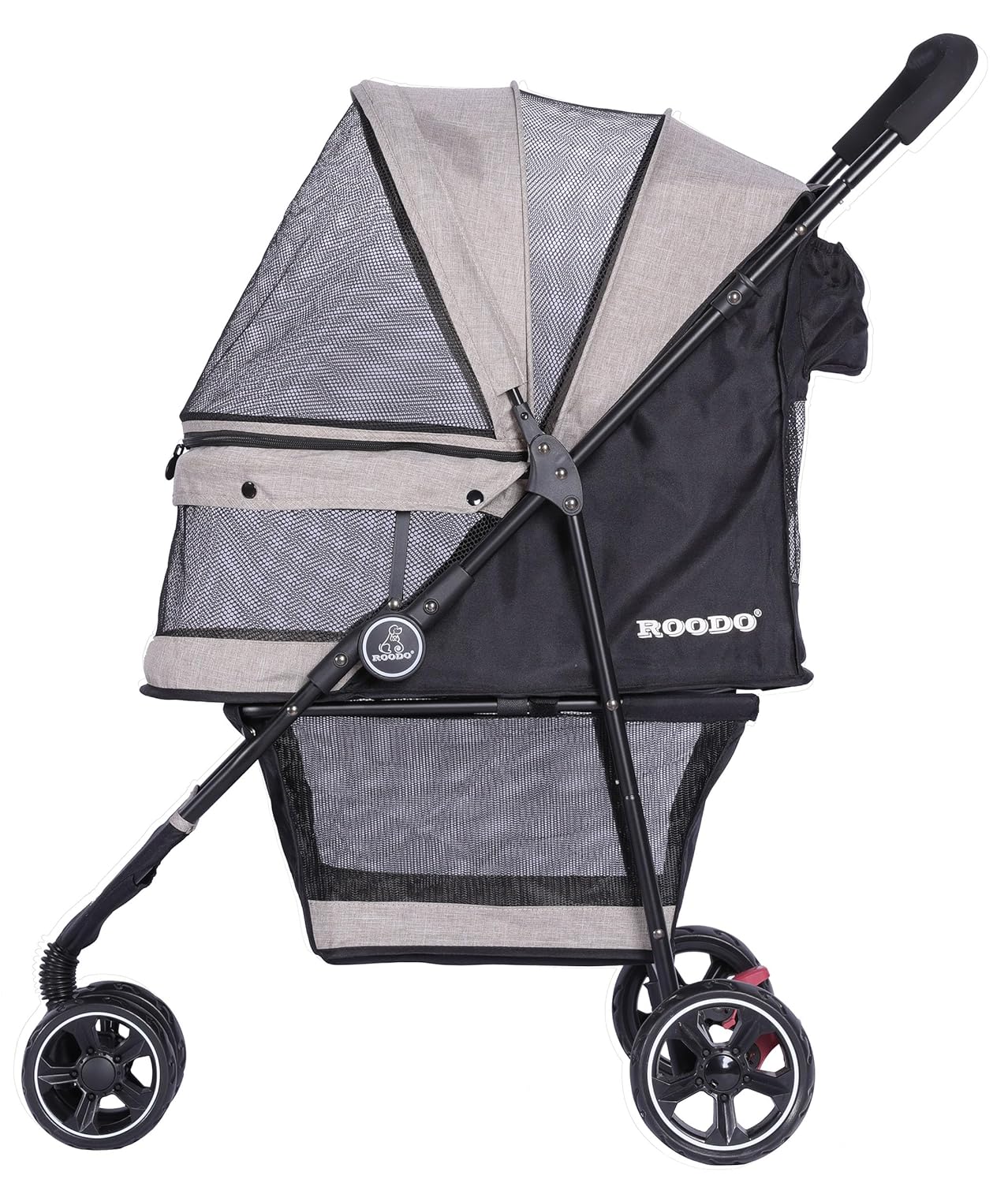 Light khaki 3-wheel pet stroller with aluminum frame, compact foldable design for small dogs and cats โ view 4