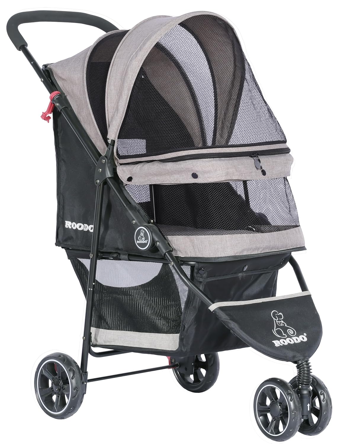 Light khaki 3-wheel pet stroller with aluminum frame, compact foldable design for small dogs and cats โ view 5