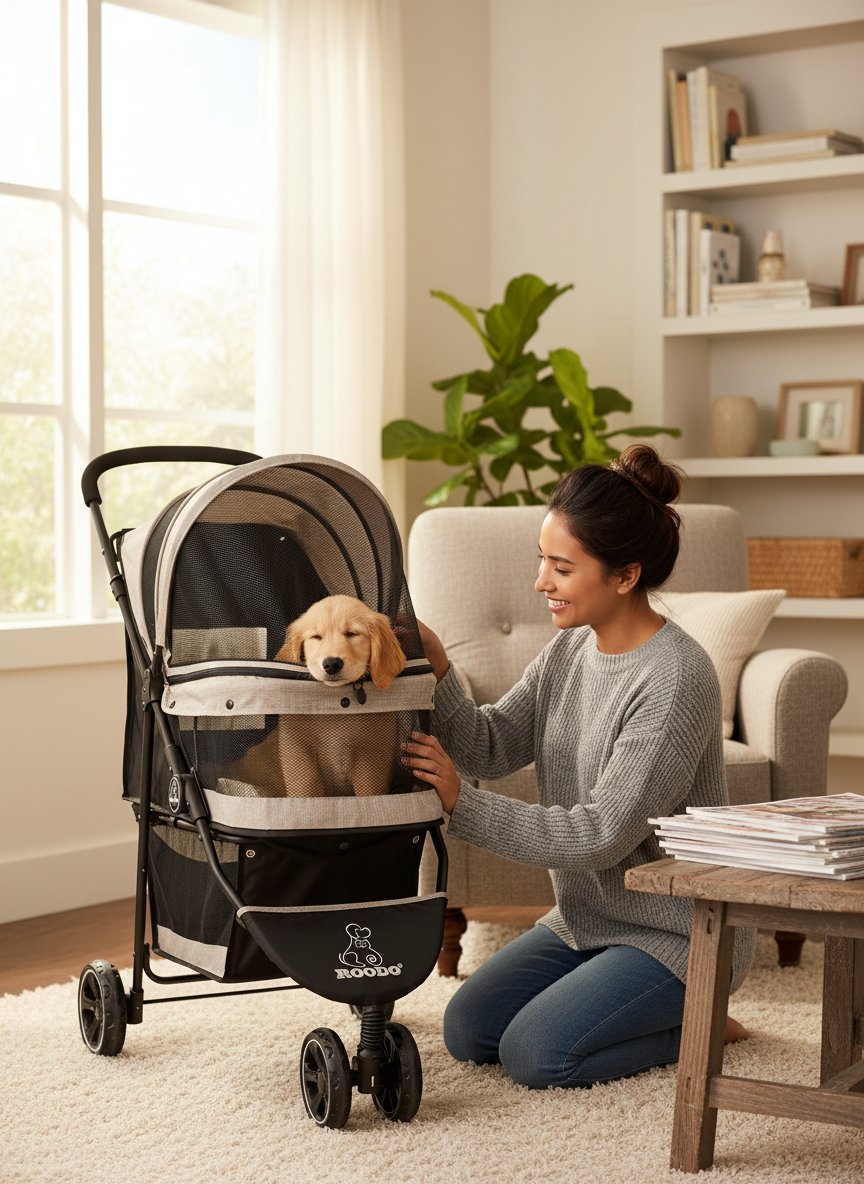 Light khaki 3-wheel pet stroller with aluminum frame, compact foldable design for small dogs and cats — view 1