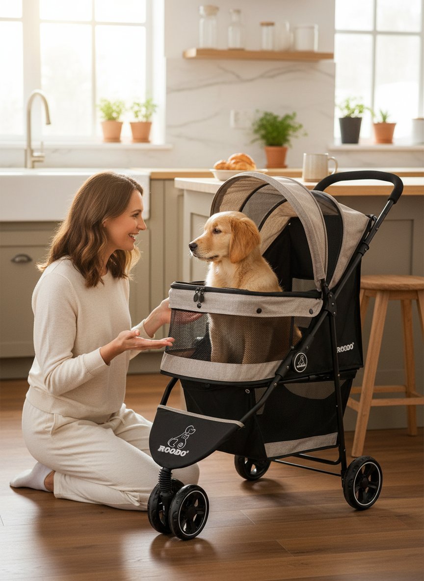 Light khaki 3-wheel pet stroller with aluminum frame, compact foldable design for small dogs and cats — view 2