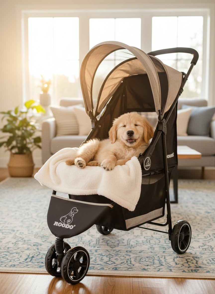 Light khaki 3-wheel pet stroller with aluminum frame, compact foldable design for small dogs and cats — view 3a