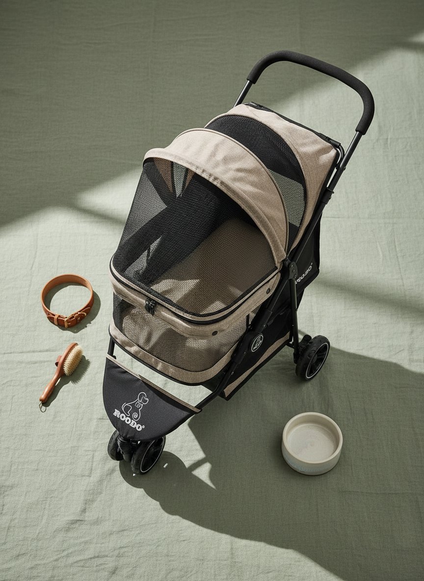 Light khaki 3-wheel pet stroller with aluminum frame, compact foldable design for small dogs and cats — view 4