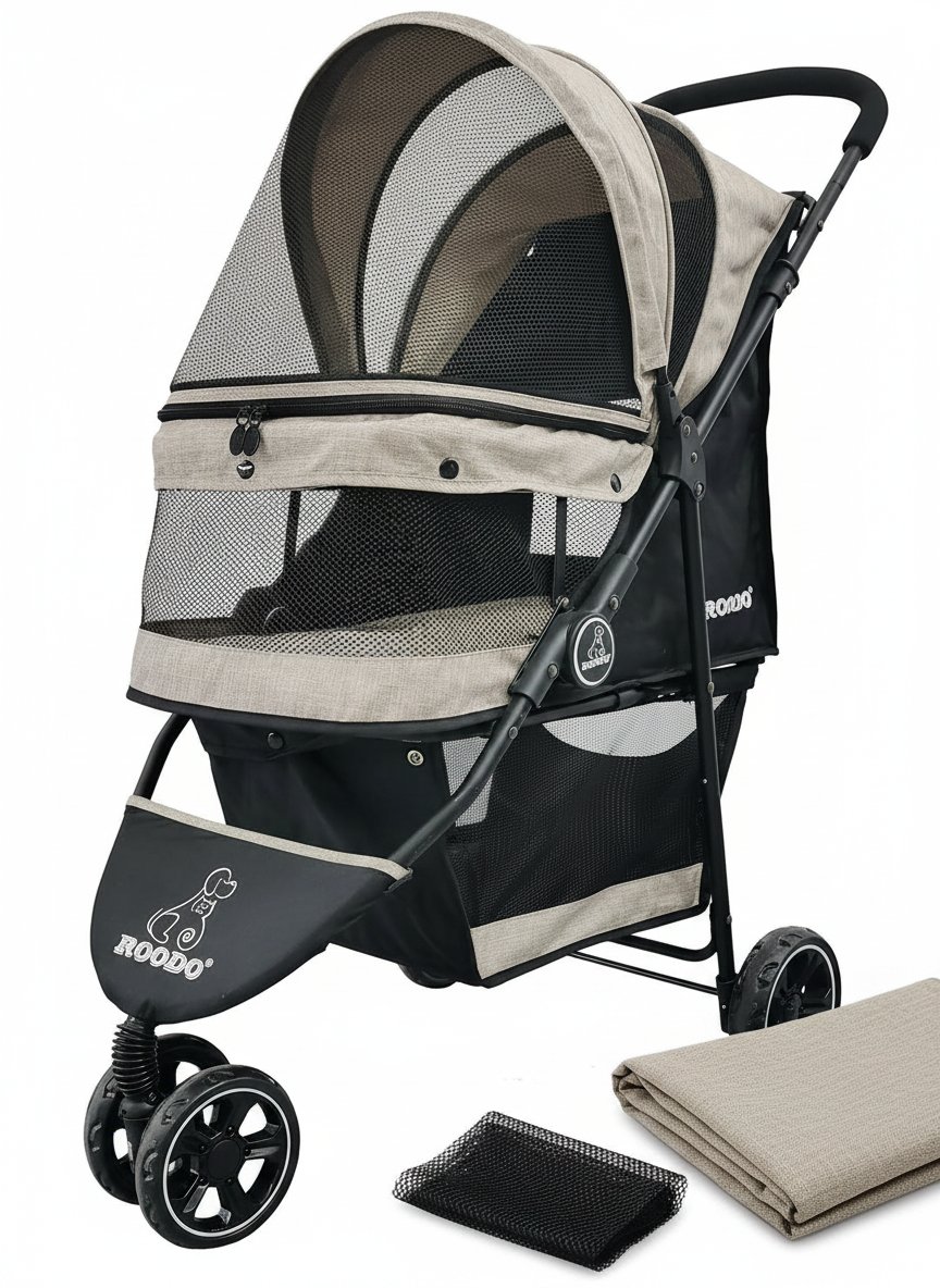 Light khaki 3-wheel pet stroller with aluminum frame, compact foldable design for small dogs and cats — view 5b