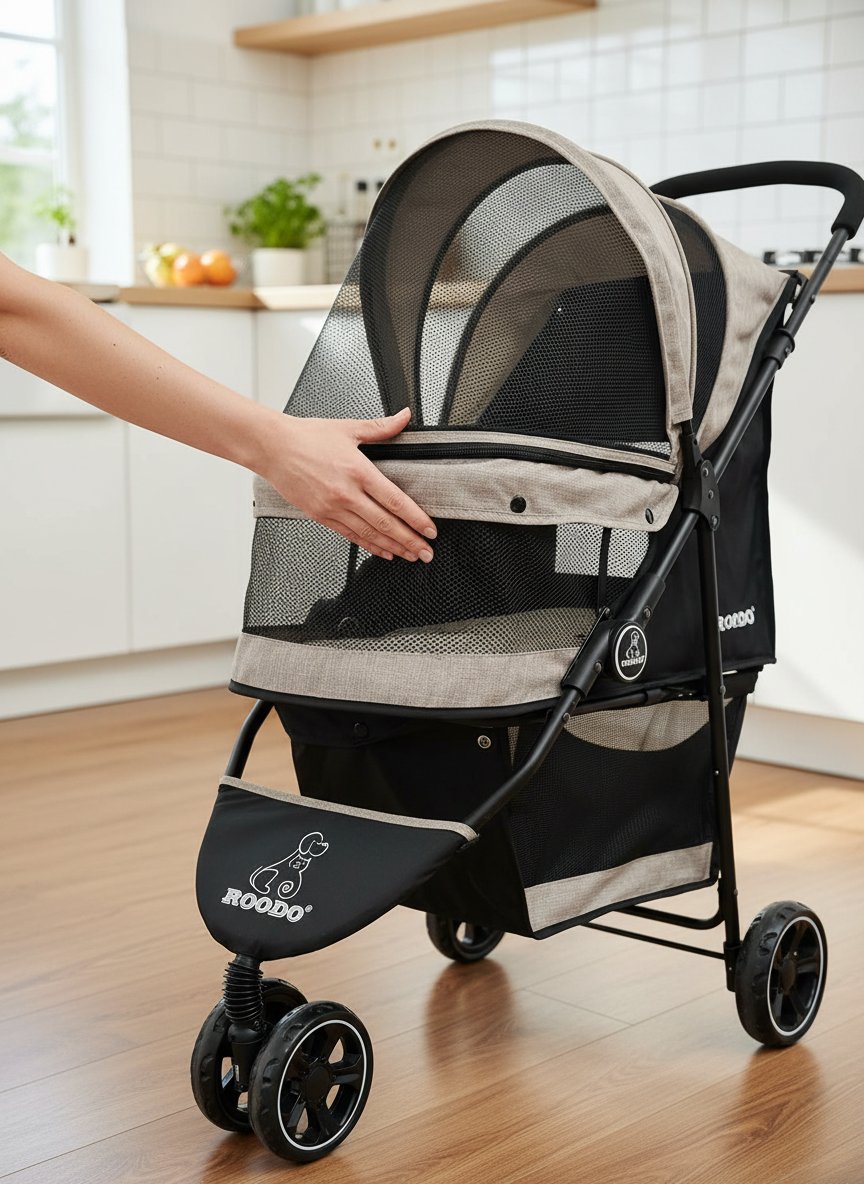 Light khaki 3-wheel pet stroller with aluminum frame, compact foldable design for small dogs and cats — view 6
