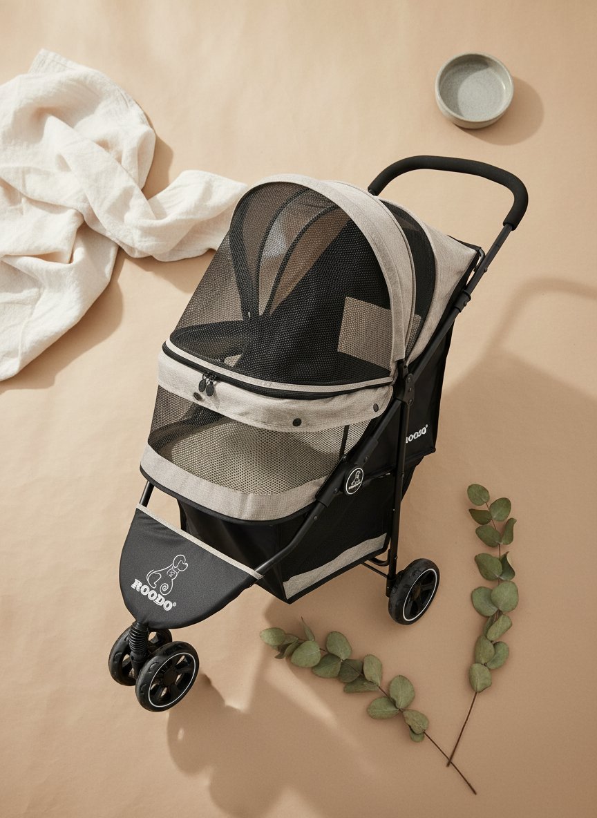 Light khaki 3-wheel pet stroller with aluminum frame, compact foldable design for small dogs and cats — view 7b