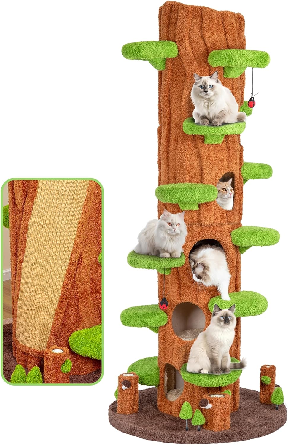 Green tall cat tree tower with plush cushioned platforms, scratching board, and perches for indoor cats — view 2