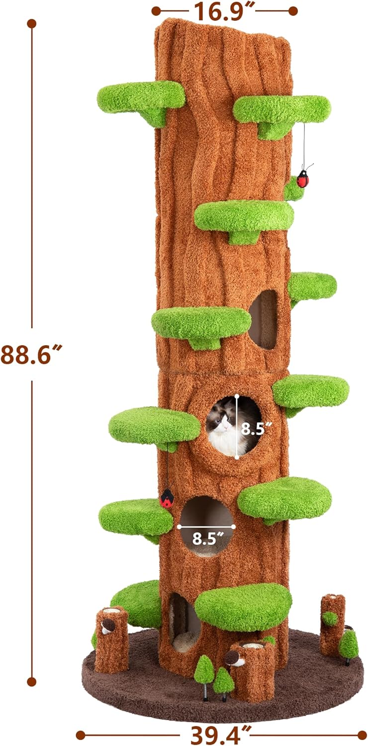 Green tall cat tree tower with plush cushioned platforms, scratching board, and perches for indoor cats — view 3