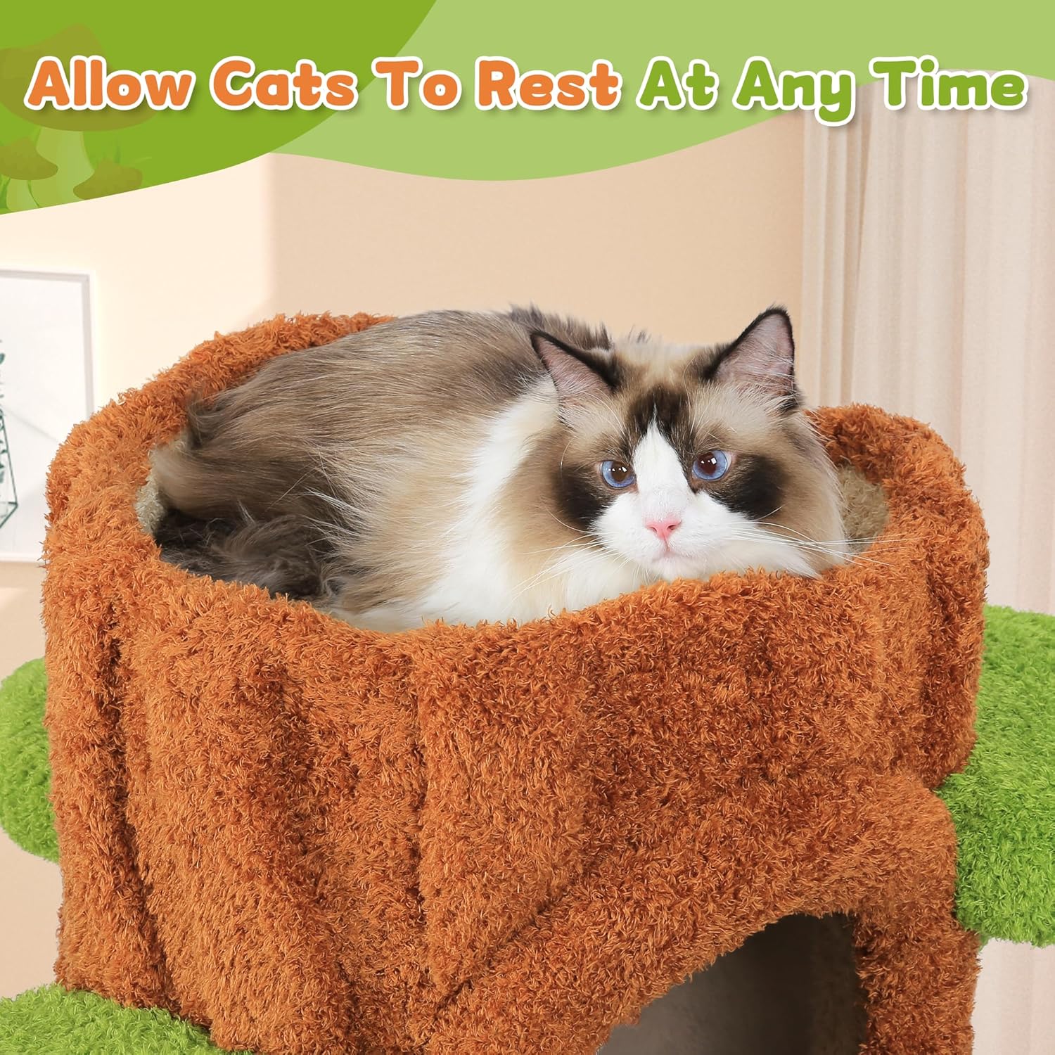 Green tall cat tree tower with plush cushioned platforms, scratching board, and perches for indoor cats — view 4
