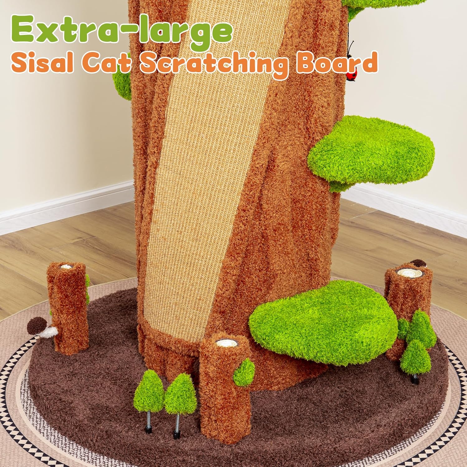 Green tall cat tree tower with plush cushioned platforms, scratching board, and perches for indoor cats — view 3