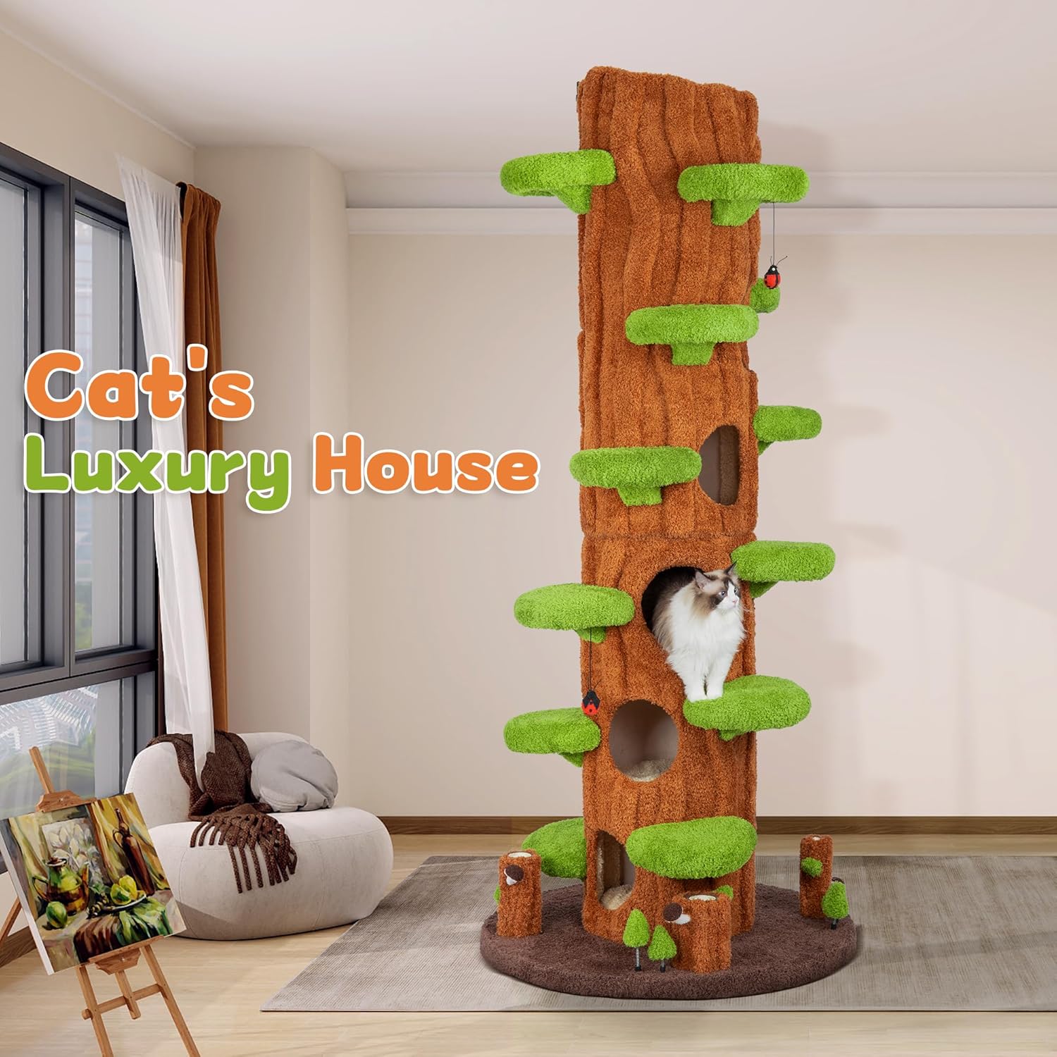 Green tall cat tree tower with plush cushioned platforms, scratching board, and perches for indoor cats — view 4
